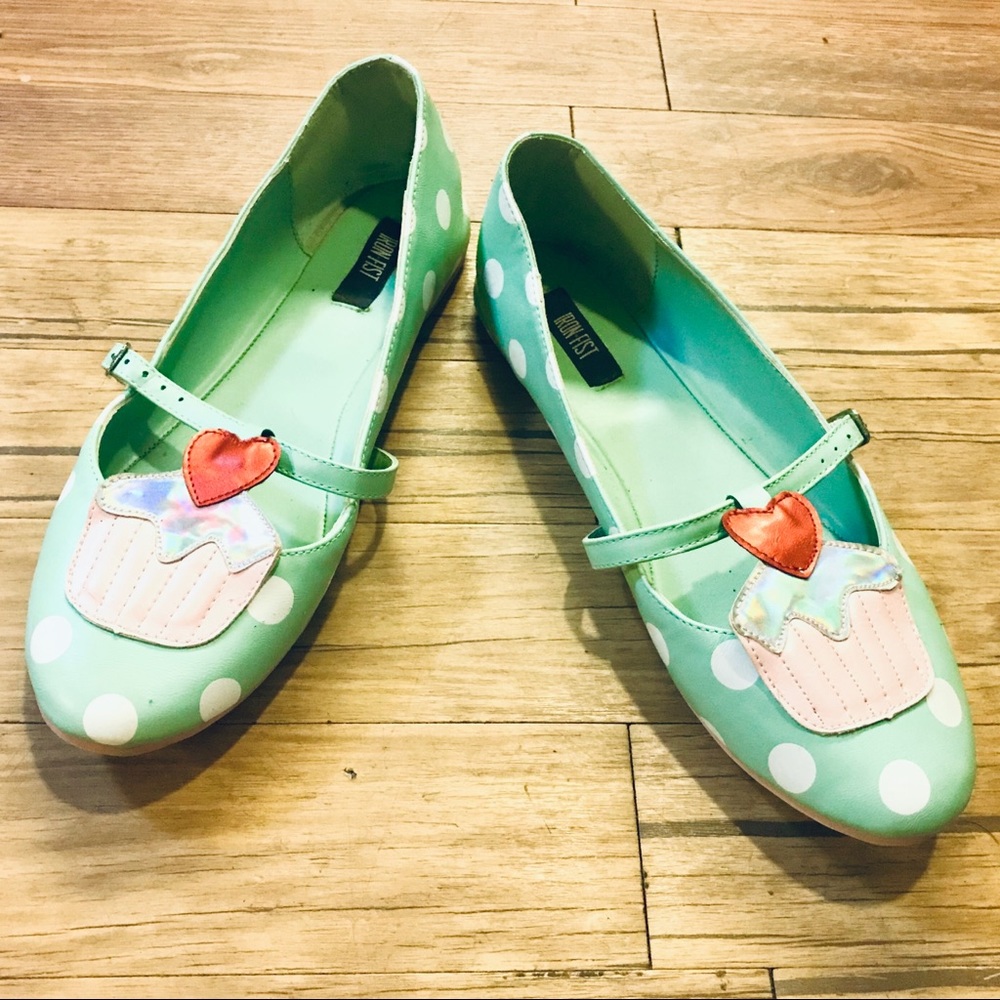 Mint green Iron Fist Cupcake Flats with polka dots